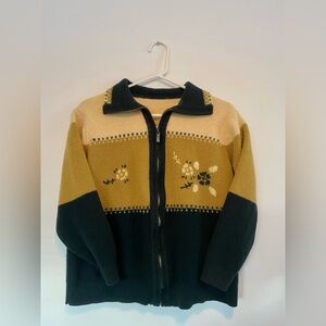 Hand Knit Wool Floral Embroidered Zip-Up Sweater